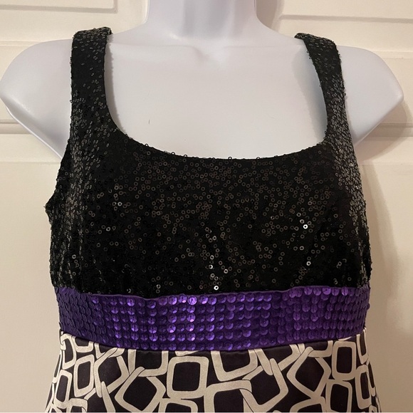 Kathryn Conover Cocktail Dress SZ 2 Black White Purple Sequin Satin Fit & Flare - Picture 2 of 7
